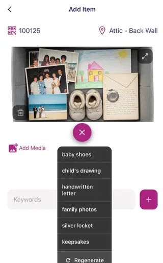 The SmartPacks Add Item screen: a photo of keepsakes in a box, with AI keyword suggestions such as baby shoes, child’s drawing and family photos
