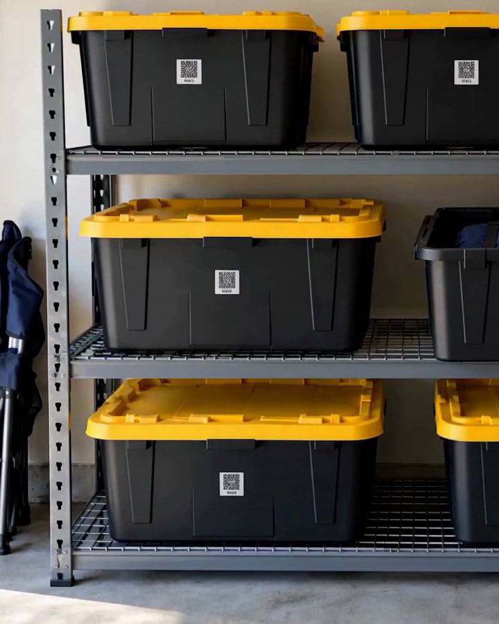 Black storage bins with yellow lids on a garage shelf, each with a QR label on its front, where it stays visible when the bins are stacked