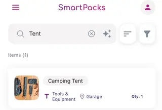 The SmartPacks Item List searched for “Tent”: the Camping Tent, in the Tools & Equipment box in the Garage, quantity 1