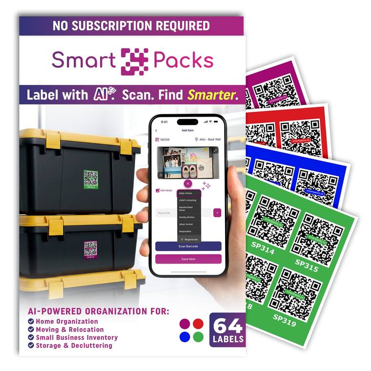 The SmartPacks pack of 64 colored QR labels: the pack front beside a fan of red, blue, green and purple labels, with two stacked storage bins and the app open on a phone
