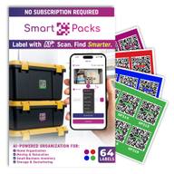 The SmartPacks pack of 64 colored QR labels: the pack front beside a fan of red, blue, green and purple labels, with two stacked storage bins and the app open on a phone