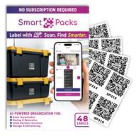 The SmartPacks pack of 48 white QR labels: the pack front beside a fan of printed labels, with two stacked storage bins and the app open on a phone